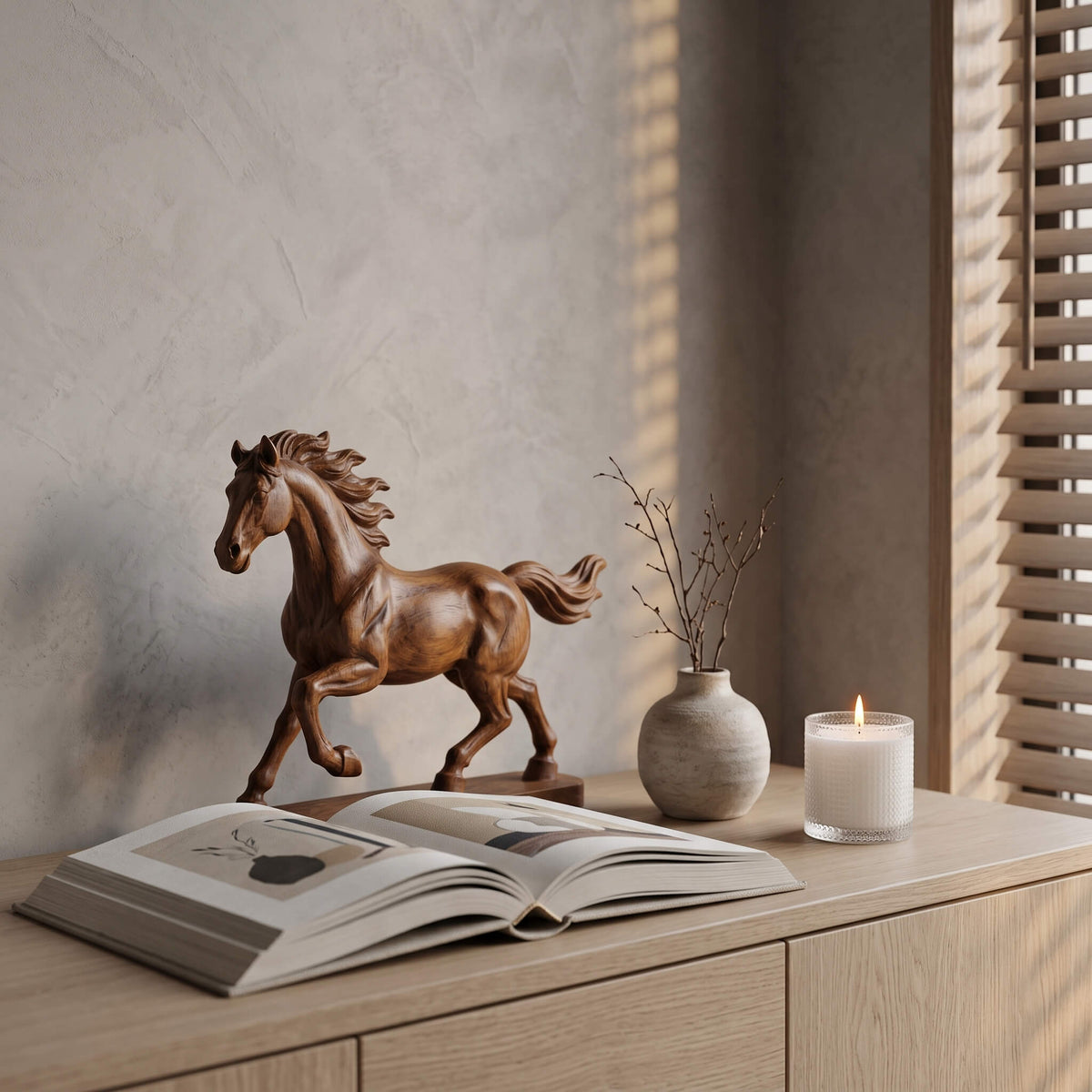 Handcrafted Solid Wood Horse Sculpture – 11.8" Galloping Stallion Figurine, Minimalist Animal Art Decor & Custom Engraved Gift