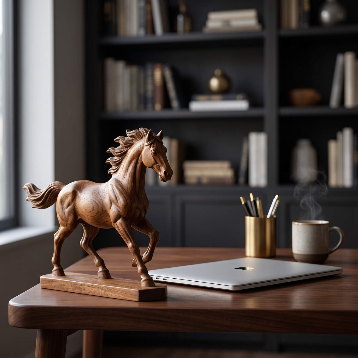 Handcrafted Solid Wood Horse Sculpture – 11.8" Galloping Stallion Figurine, Minimalist Animal Art Decor & Custom Engraved Gift