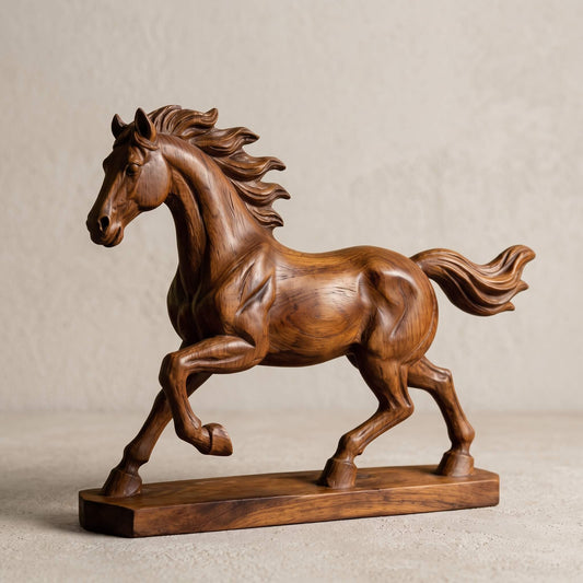 Handcrafted Solid Wood Horse Sculpture – 11.8" Galloping Stallion Figurine, Minimalist Animal Art Decor & Custom Engraved Gift