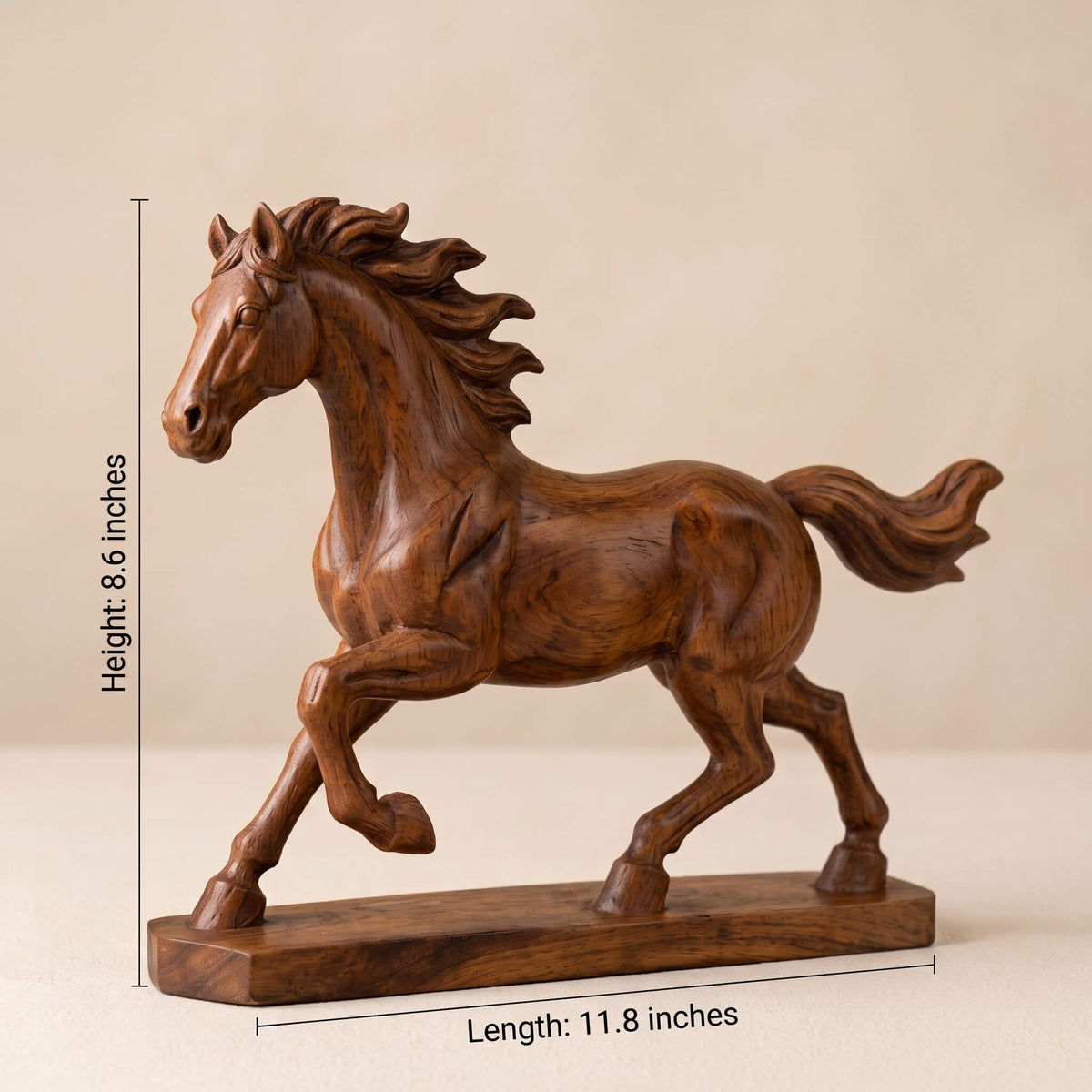 Handcrafted Solid Wood Horse Sculpture – 11.8" Galloping Stallion Figurine, Minimalist Animal Art Decor & Custom Engraved Gift