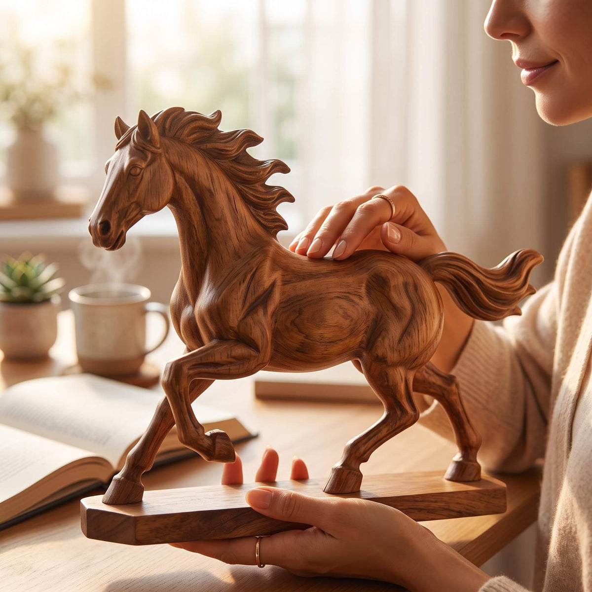 Handcrafted Solid Wood Horse Sculpture – 11.8" Galloping Stallion Figurine, Minimalist Animal Art Decor & Custom Engraved Gift